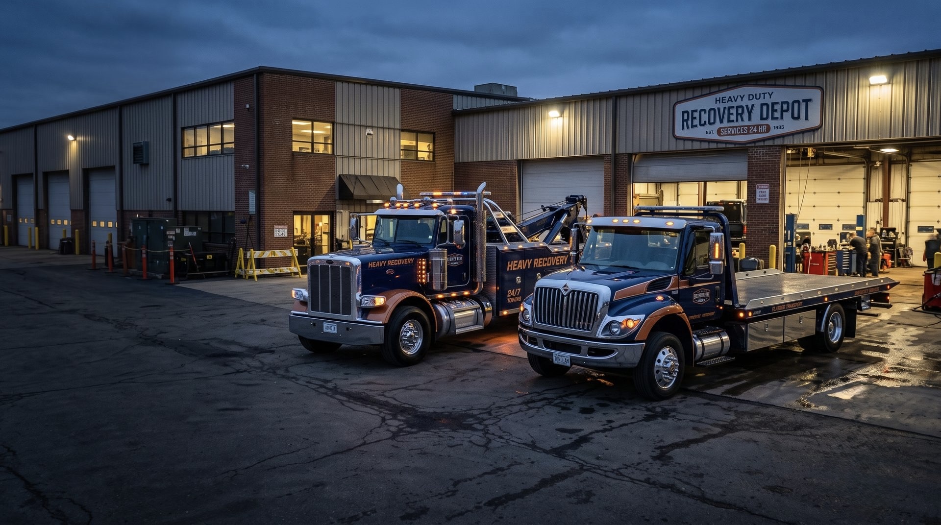 FleetHook heavy-duty tow trucks at the recovery depot
